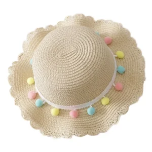 Chapeau de paille pour enfant avec pompon beige