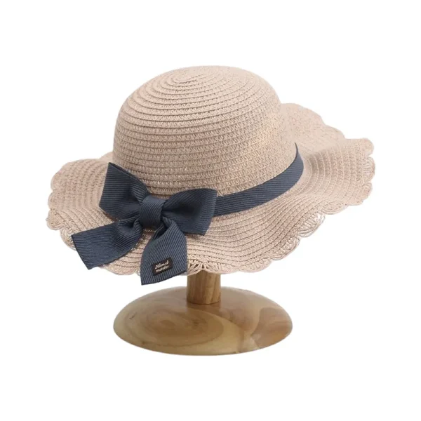 chapeau de paille enfant rose nœud bleu